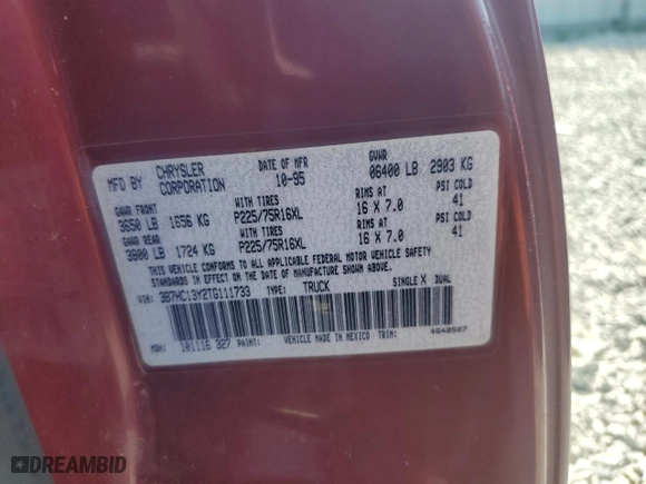 1996 Dodge Ram 1500 with VIN 3B7HC13Y2TG111733, listed as a Copart auction lot 64797443 with 95,567 mi miles and Salvage Title. Bid and sale history available at carsss.com. Image 12.