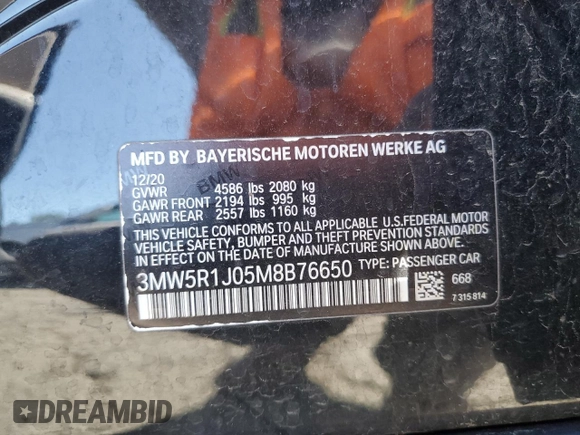 2021 BMW 3 Series 330i with VIN 3MW5R1J05M8B76650, listed as a Copart auction lot 46720195 with 41,414 mi miles and Salvage Title. Bid and sale history available at carsss.com. Image 12.
