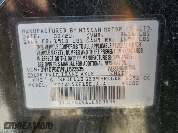 2020 Nissan Kicks SV with VIN 3N1CP5CV1LL523535, listed as a Copart auction lot 51947375 with 64,517 mi miles and Clean Title. Bid and sale history available at carsss.com. Image 12.
