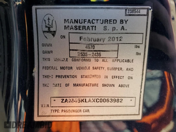 2012 Maserati GranTurismo S с VIN ZAM45KLAXC0063982, выставлен на аукционе Copart как лот 58490074 с пробегом 25 194 миль миль и Списание • Salvage title. История ставок и продаж доступна на DreamBid. Изображение 12.
