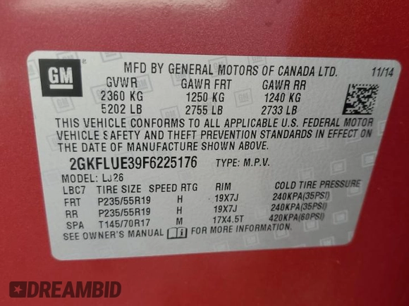 2015 GMC Terrain Denali with VIN 2GKFLUE39F6225176, listed as a Copart auction lot 52652855 with 87,646 mi miles and Salvage Title. Bid and sale history available at DreamBid. Image 13.