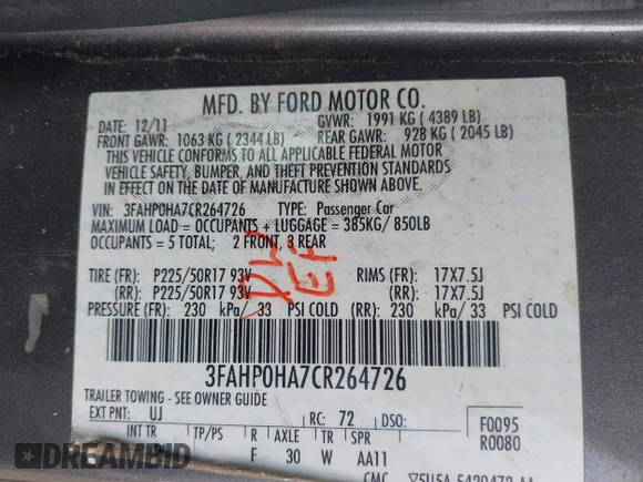 2012 Ford Fusion SE with VIN 3FAHP0HA7CR264726, listed as a IAAI auction lot 41907583 with 155,446 mi miles and . Bid and sale history available at DreamBid. Image 9.