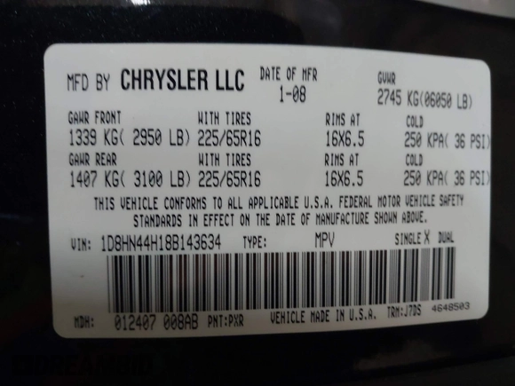 2008 Dodge Grand Caravan SE z VIN 1D8HN44H18B143634, wystawiony jako IAAI lot #41949953 z przebiegiem 189 885 mil mil oraz . Historia ofert i sprzedaży dostępna na DreamBid. Obrazek 9.