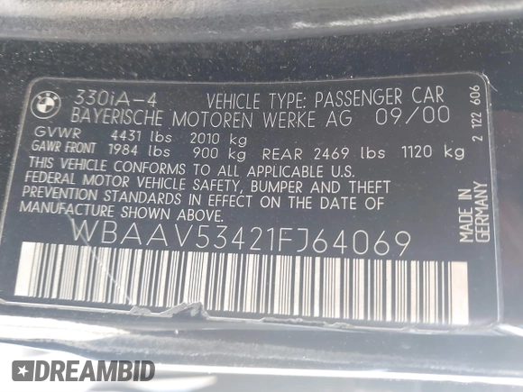 2001 BMW 3 Series 330i with VIN WBAAV53421FJ64069, listed as a IAAI auction lot 41760517 with Not Provided miles and . Bid and sale history available at carsss.com. Image 9.