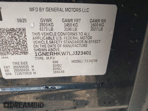 2020 Chevrolet Traverse LT with VIN 1GNERHKW7LJ323401, listed as a IAAI auction lot 41781030 with 25,189 mi miles and . Bid and sale history available at DreamBid. Image 9.