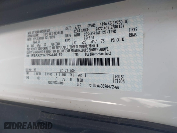 2023 Ford Transit Passenger XL with VIN 1FBAX2YG7PKA45159, listed as a IAAI auction lot 41702053 with 41,826 mi miles and . Bid and sale history available at DreamBid. Image 9.