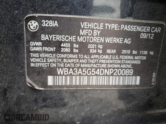 2013 BMW 3 Series 328i with VIN WBA3A5G54DNP20089, listed as a Copart auction lot 45694025 with 173,196 mi miles and Salvage Title. Bid and sale history available at carsss.com. Image 12.