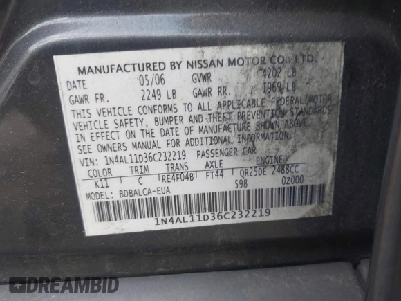 2006 Nissan Altima S with VIN 1N4AL11D36C232219, listed as a IAAI auction lot 42151027 with Not provided miles and . Bid and sale history available at DreamBid. Image 9.