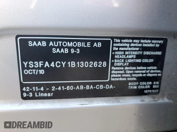 2011 Saab 9-3 z VIN YS3FA4CY1B1302628, wystawiony jako Copart lot #71627674 z przebiegiem Nie podano mil oraz Szkoda całkowita • Salvage title. Historia ofert i sprzedaży dostępna na DreamBid. Obrazek 15.