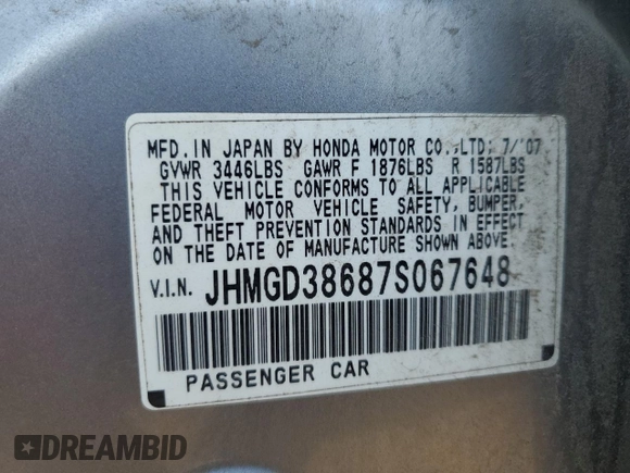 2007 Honda Fit Sport with VIN JHMGD38687S067648, listed as a Copart auction lot 64657345 with 123,055 mi miles and Salvage title. Bid and sale history available at DreamBid. Image 12.