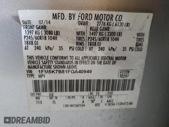 2015 Ford Explorer with VIN 1FM5K7B81FGA40949, listed as a Copart auction lot 59993425 with 127,874 mi miles and Salvage title. Bid and sale history available at DreamBid. Image 13.