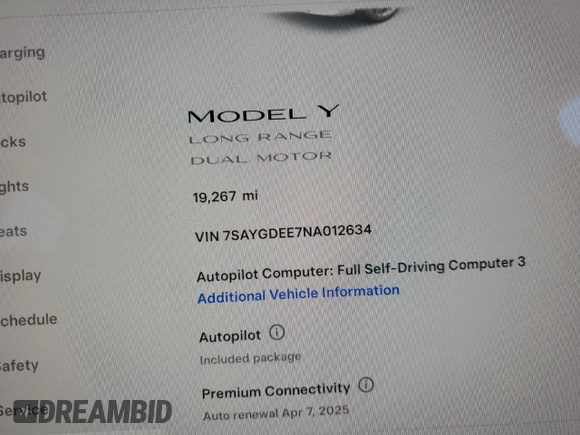 2022 Tesla Model Y Long Range with VIN 7SAYGDEE7NA012634, listed as a Copart auction lot 49206295 with 19,267 mi miles and Clean Title. Bid and sale history available at DreamBid. Image 9.
