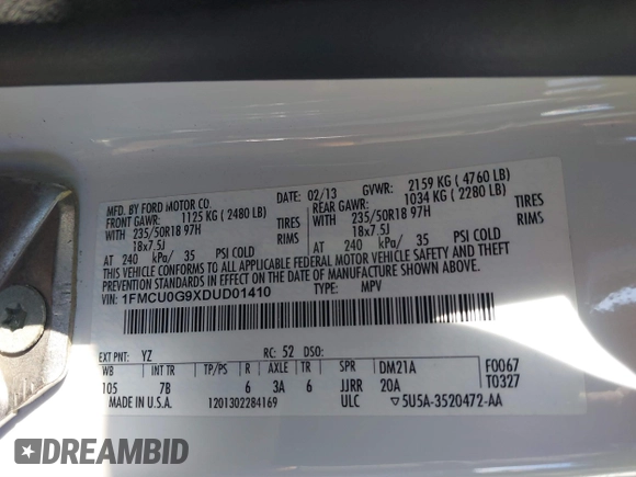 2013 Ford Escape SE with VIN 1FMCU0G9XDUD01410, listed as a IAAI auction lot 41758032 with 154,208 mi miles. Bid and sale history available at carsss.com. Image 9.