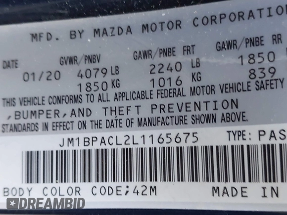 2020 Mazda 3 Select with VIN JM1BPACL2L1165675, listed as a IAAI auction lot 42232872 with 99,261 mi miles and . Bid and sale history available at DreamBid. Image 9.