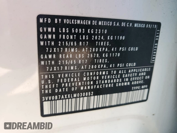 2020 Volkswagen Tiguan S с VIN 3VV0B7AXXLM030852, выставлен на аукционе Copart как лот 60692205 с пробегом 78 990 миль миль и Списание • Salvage title. История ставок и продаж доступна на DreamBid. Изображение 14.