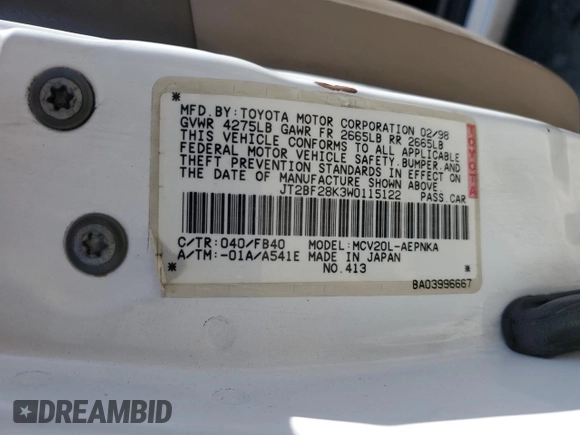 1998 Toyota Camry LE z VIN JT2BF28K3W0115122, wystawiony jako Copart lot #52645095 z przebiegiem 361 549 mil mil oraz Szkoda całkowita • Salvage title. Historia ofert i sprzedaży dostępna na DreamBid. Obrazek 14.