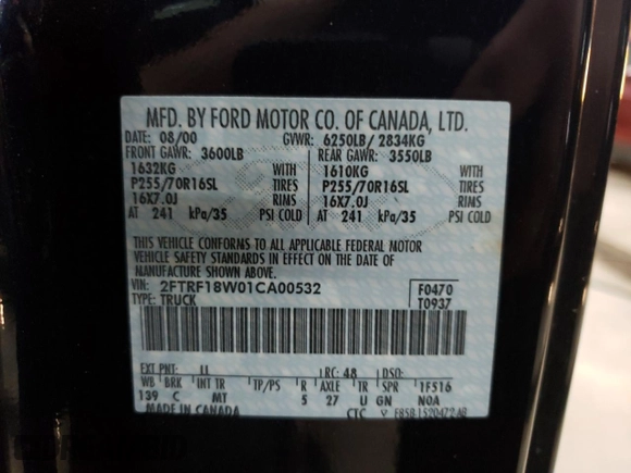 2001 Ford F-150 XL with VIN 2FTRF18W01CA00532, listed as a Copart auction lot 58328095 with 35,573 mi miles and Clean title. Bid and sale history available at DreamBid. Image 12.