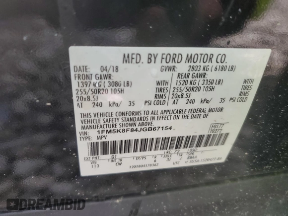 2018 Ford Explorer Limited с VIN 1FM5K8F84JGB67154, выставлен на аукционе Copart как лот 55072955 с пробегом Не указан миль и Списание • Salvage title. История ставок и продаж доступна на DreamBid. Изображение 12.