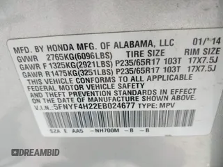 2014 Honda Pilot LX with VIN 5FNYF4H22EB024677, listed as a IAAI auction lot 42645408 with 133,271 mi miles and . Bid and sale history available at DreamBid. Image 9.