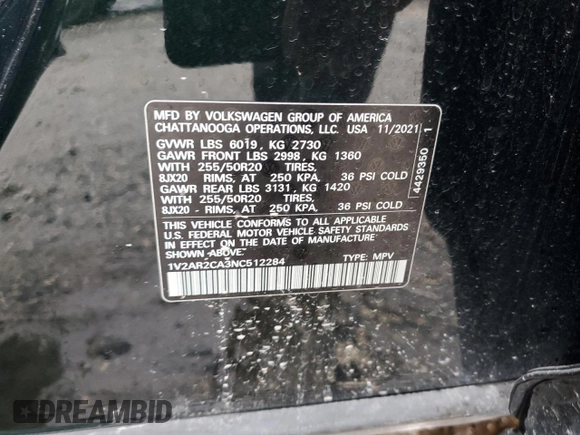 2022 Volkswagen Atlas 3.6L V6 SEL R-Line with VIN 1V2AR2CA3NC512284, listed as a Copart auction lot 75241374 with 69,639 mi miles and Salvage Title. Bid and sale history available at carsss.com. Image 16.