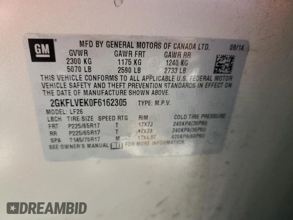2015 GMC Terrain SLE with VIN 2GKFLVEK0F6162305, listed as a Copart auction lot 55243295 with 154,549 mi miles and Clean Title. Bid and sale history available at carsss.com. Image 13.