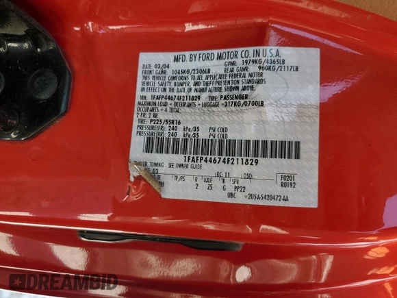 2004 Ford Mustang Deluxe with VIN 1FAFP44674F211829, listed as a Copart auction lot 49388445 with 107,427 mi miles and Salvage Title. Bid and sale history available at carsss.com. Image 12.