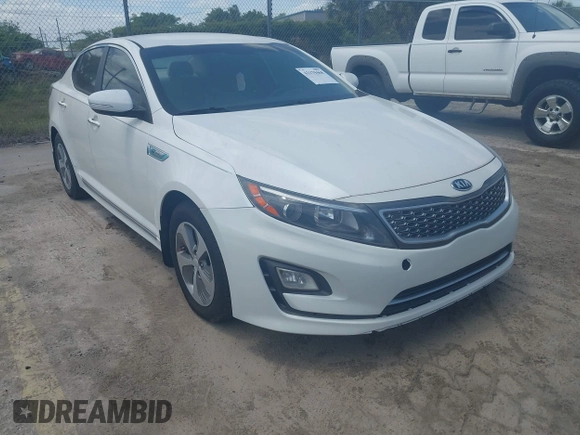 2014 Kia Optima Hybrid LX with VIN KNAGM4AD7E5075376, listed as a IAAI auction lot 42179468 with 131,920 mi miles. Bid and sale history available at carsss.com. Image 1.