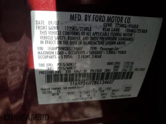2008 Ford Taurus SEL with VIN 1FAHP24W28G134607, listed as a Copart auction lot 76932034 with 176,029 mi miles and Salvage Title. Bid and sale history available at carsss.com. Image 12.