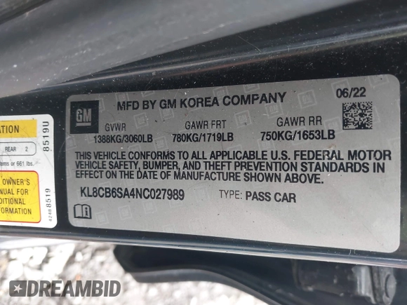2022 Chevrolet Spark LS with VIN KL8CB6SA4NC027989, listed as a IAAI auction lot 41945366 with 49,881 mi miles and . Bid and sale history available at DreamBid. Image 9.