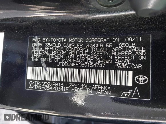 2011 Toyota Corolla L with VIN JTDBU4EE0B9154747, listed as a IAAI auction lot 42028887 with 141,569 mi miles. Bid and sale history available at carsss.com. Image 9.
