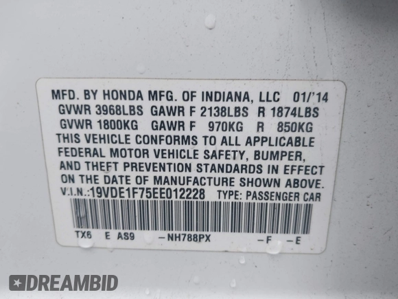 2014 Acura ILX Technology with VIN 19VDE1F75EE012228, listed as a IAAI auction lot 41958455 with 102,085 mi miles and . Bid and sale history available at DreamBid. Image 9.