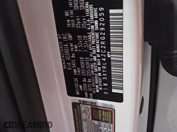 2024 Kia Sorento S with VIN 5XYRL4JC2RG292059, listed as a Copart auction lot 64992445 with 18,274 mi miles and Salvage title. Bid and sale history available at DreamBid. Image 14.