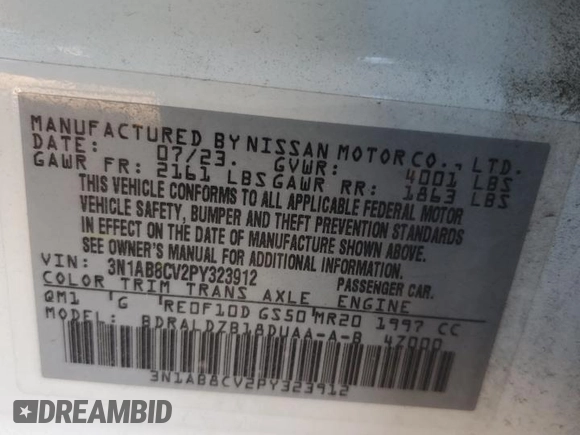 2023 Nissan Sentra SV with VIN 3N1AB8CV2PY323912, listed as a Copart auction lot 89358155 with 42,187 mi miles and Salvage Title. Bid and sale history available at carsss.com. Image 12.