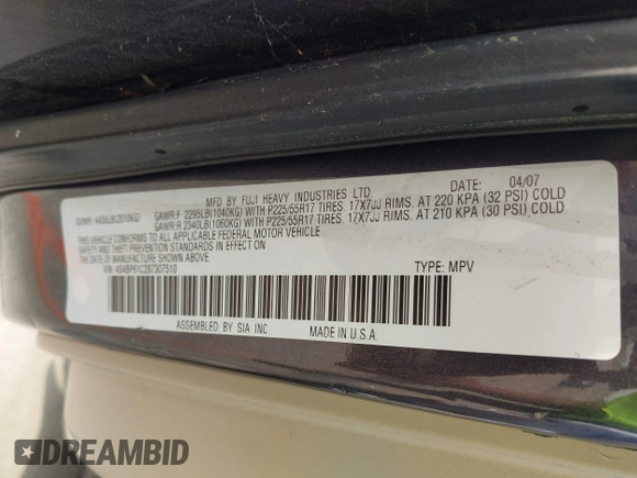 2008 Subaru Outback i with VIN 4S4BP61C287307510, listed as a IAAI auction lot 42410096 with 204,685 mi miles and . Bid and sale history available at DreamBid. Image 9.