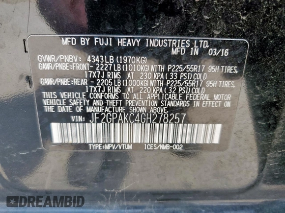 2016 Subaru Crosstrek Limited with VIN JF2GPAKC4GH278257, listed as a Copart auction lot 57138165 with Not provided miles and Salvage title. Bid and sale history available at DreamBid. Image 13.