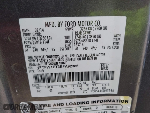 2014 Ford F-150 XL with VIN 1FTFW1ET3EFA92386, listed as a IAAI auction lot 42454065 with 283,399 mi miles and . Bid and sale history available at DreamBid. Image 9.