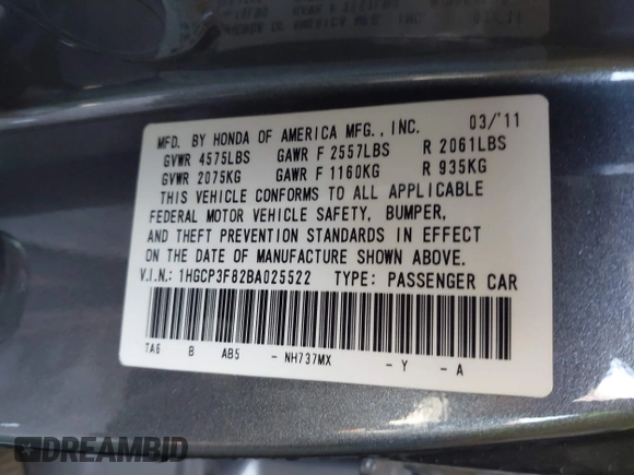 2011 Honda Accord EX-L with VIN 1HGCP3F82BA025522, listed as a IAAI auction lot 41125402 with 119,087 mi miles and . Bid and sale history available at DreamBid. Image 9.