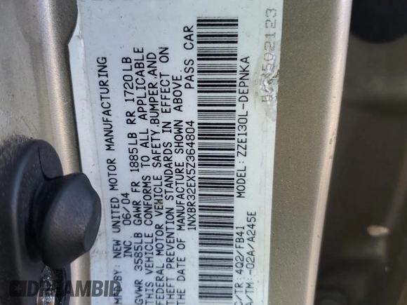 2005 Toyota Corolla CE with VIN 1NXBR32EX5Z364804, listed as a Copart auction lot 64196865 with 238,963 mi miles and Salvage title. Bid and sale history available at DreamBid. Image 12.