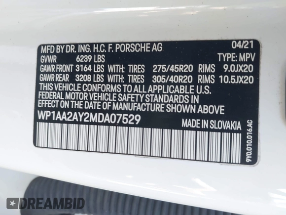 2021 Porsche Cayenne z VIN WP1AA2AY2MDA07529, wystawiony jako IAAI lot #41408743 z przebiegiem Nie podano mil oraz . Historia ofert i sprzedaży dostępna na DreamBid. Obrazek 9.