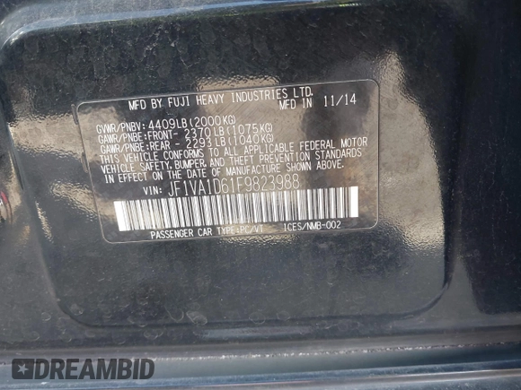 2015 Subaru WRX Premium with VIN JF1VA1D61F9823988, listed as a IAAI auction lot 41642433 with 27,517 mi miles. Bid and sale history available at carsss.com. Image 9.