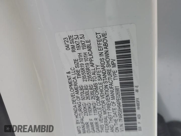 2023 Honda CR-V Sport Touring with VIN 7FARS6H94PE026981, listed as a Copart auction lot 44835565 with Not Provided miles and Salvage Title. Bid and sale history available at DreamBid. Image 16.