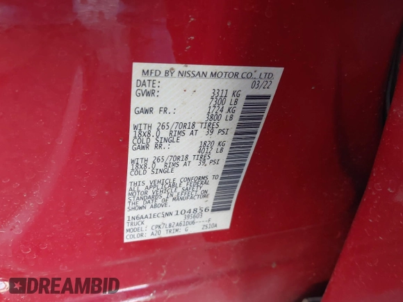2022 Nissan Titan S with VIN 1N6AA1EC5NN104856, listed as a IAAI auction lot 42003205 with 49,099 mi miles and . Bid and sale history available at DreamBid. Image 9.
