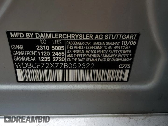 2007 Mercedes-Benz E 550 with VIN WDBUF72X77B059322, listed as a Copart auction lot 72271754 with 149,204 mi miles and Salvage Title. Bid and sale history available at DreamBid. Image 12.