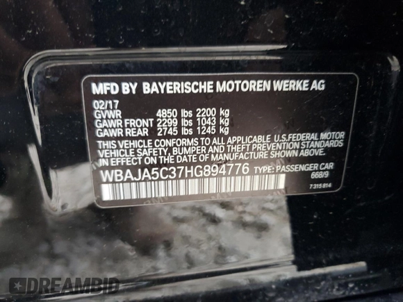 2017 BMW 5 Series 530i with VIN WBAJA5C37HG894776, listed as a Copart auction lot 54784035 with 117,987 mi miles and Salvage Title. Bid and sale history available at carsss.com. Image 13.