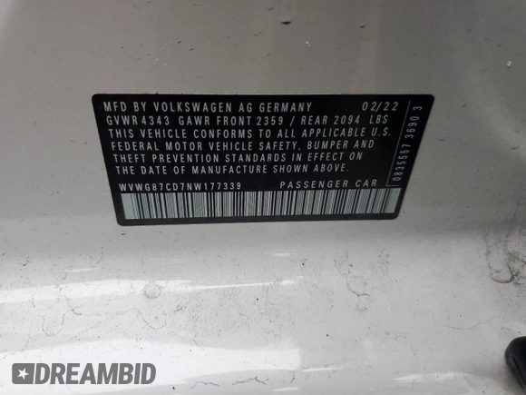 2022 Volkswagen Golf GTI S with VIN WVWG87CD7NW177339, listed as a Copart auction lot 80329444 with 17,034 mi miles and Salvage Title. Bid and sale history available at carsss.com. Image 12.