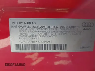 2008 Audi A4 2.0T with VIN WAUAF78EX8A054081, listed as a IAAI auction lot 42165895 with 1 mi miles. Bid and sale history available at carsss.com. Image 9.