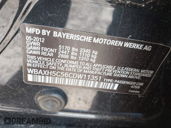 2012 BMW 5 Series 528i xDrive with VIN WBAXH5C56CDW11351, listed as a IAAI auction lot 41713932 with Not Provided miles and . Bid and sale history available at DreamBid. Image 9.