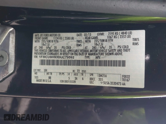 2013 Ford Escape SEL with VIN 1FMCU9H93DUC79592, listed as a IAAI auction lot 42039037 with 63,020 mi miles and . Bid and sale history available at DreamBid. Image 9.
