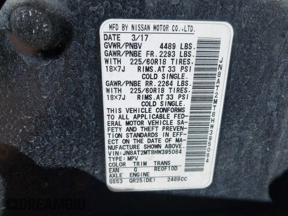 2017 Nissan Rogue SL with VIN JN8AT2MT8HW395084, listed as a IAAI auction lot 41858587 with 219,849 mi miles and . Bid and sale history available at DreamBid. Image 9.