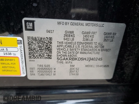 2017 Buick Enclave Leather with VIN 5GAKRBKD5HJ340245, listed as a Copart auction lot 41649255 with 110,383 mi miles and Salvage Title. Bid and sale history available at DreamBid. Image 13.